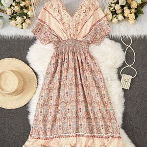 SHEIN Holidaya women’s Botanical print conches waist batwing short sleeve dress